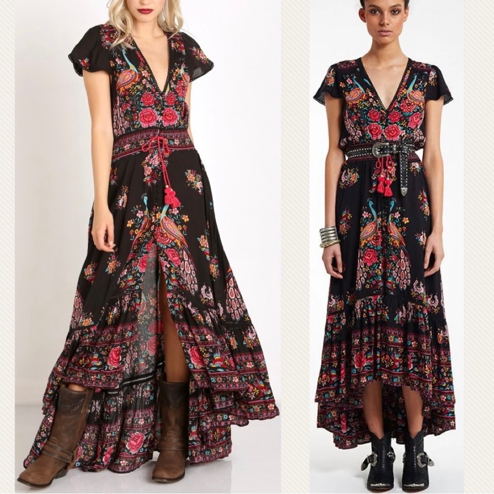 New Flowy Peacock Multicolor Asymmetrical High Low Dress in Jet Black NWT